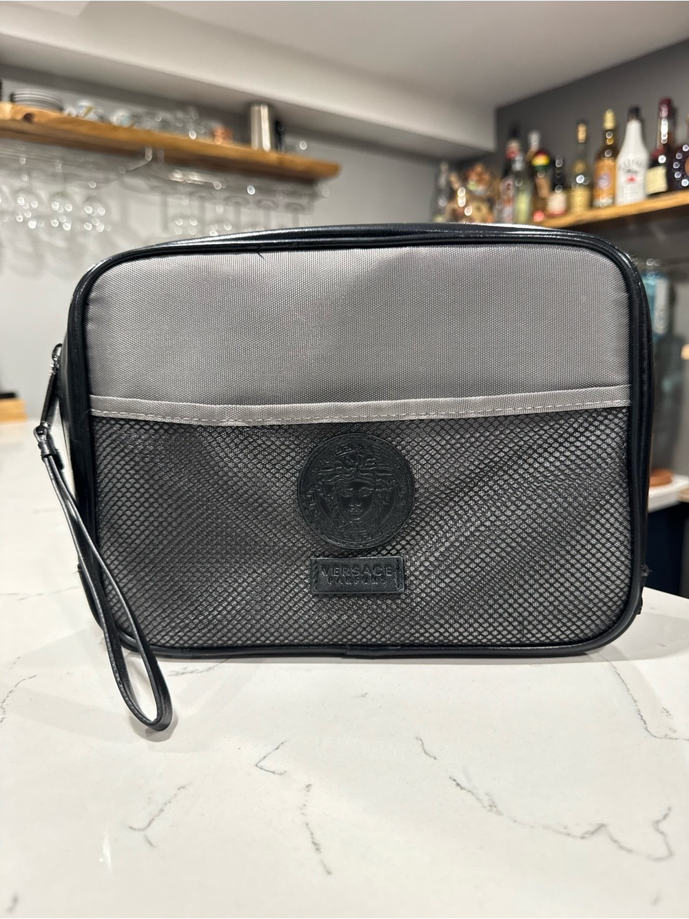 VERSACE Parfums Black & Gray Mesh Detail Travel Toiletry Bag / Pouch